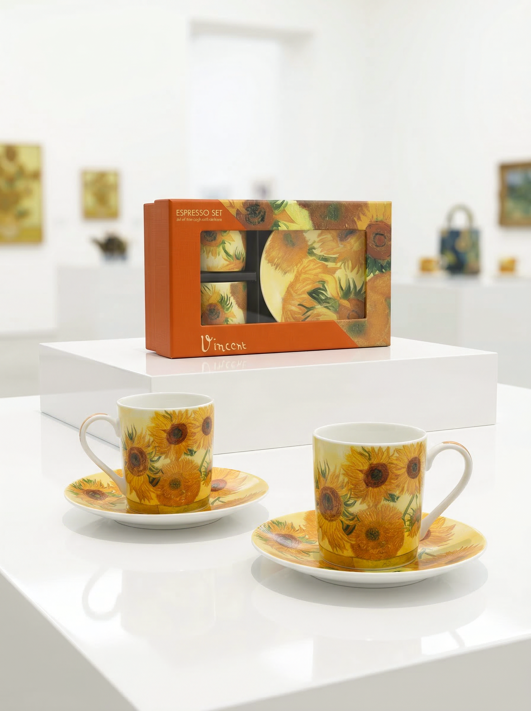 Espresso set Sunflowers Vincent van Gogh – cup, saucer and gift box on white background | ArtyGifts