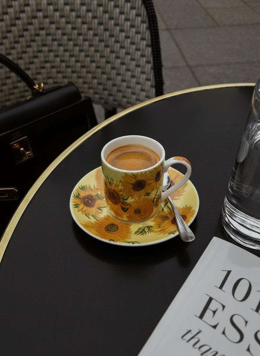 Van Gogh Sunflowers espresso cup and saucer styled with newspaper – museum art gift | ArtyGifts
