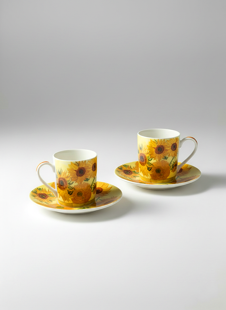 Two Van Gogh Sunflowers espresso cups and saucers on light grey background | ArtyGifts
