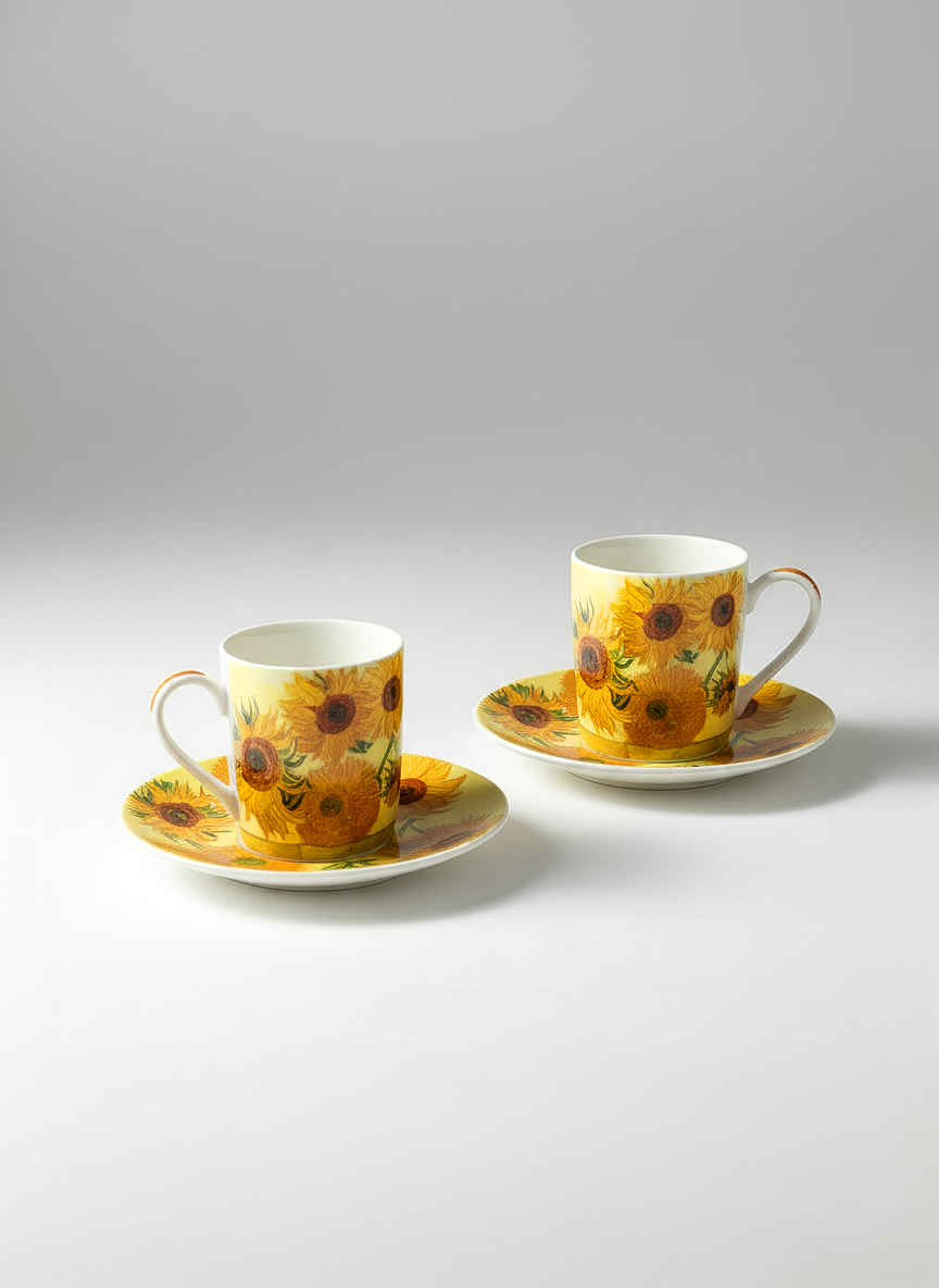Two Van Gogh Sunflowers espresso cups and saucers on light grey background | ArtyGifts
