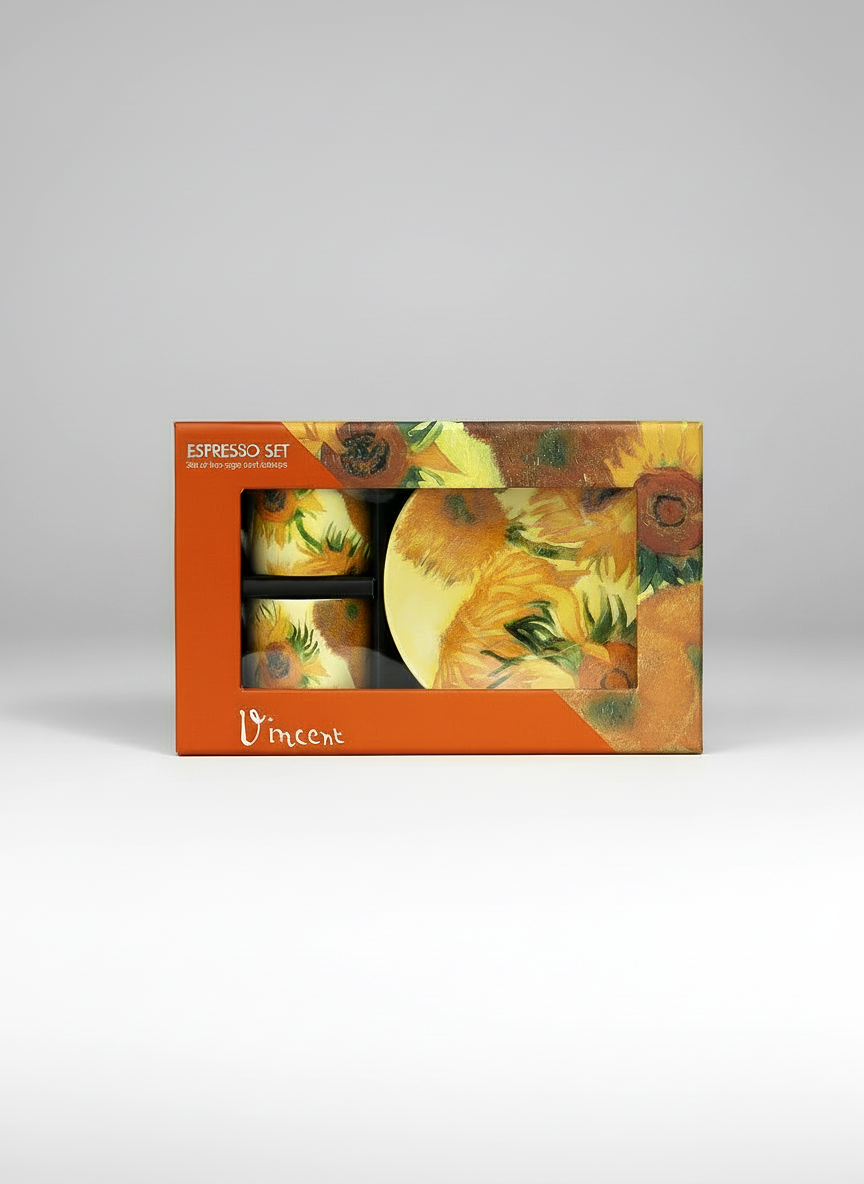 Van Gogh Sunflowers espresso set in eco-friendly gift packaging – grey background | ArtyGifts
