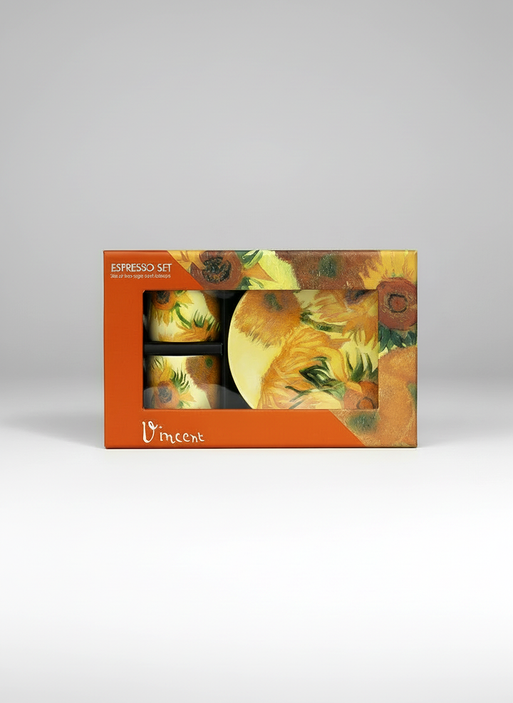 Van Gogh Sunflowers espresso set in eco-friendly gift packaging – grey background | ArtyGifts
