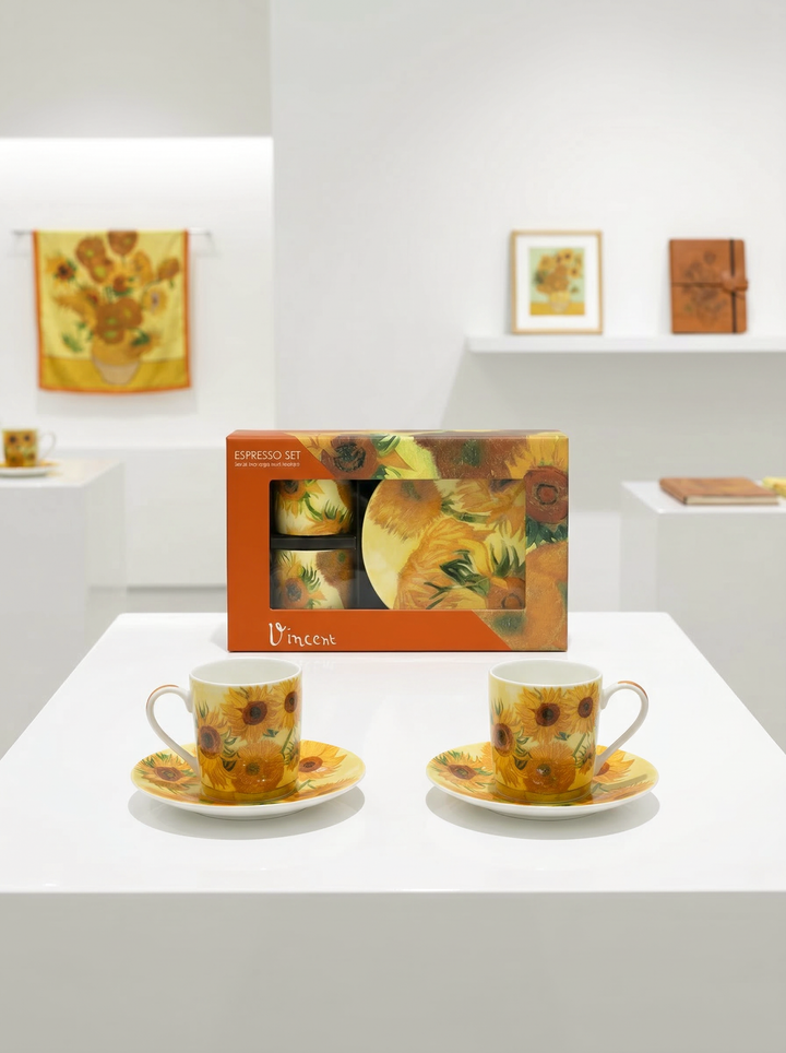 Van Gogh Sunflowers espresso set with cups, saucers and gift box – museum art souvenir | ArtyGifts
