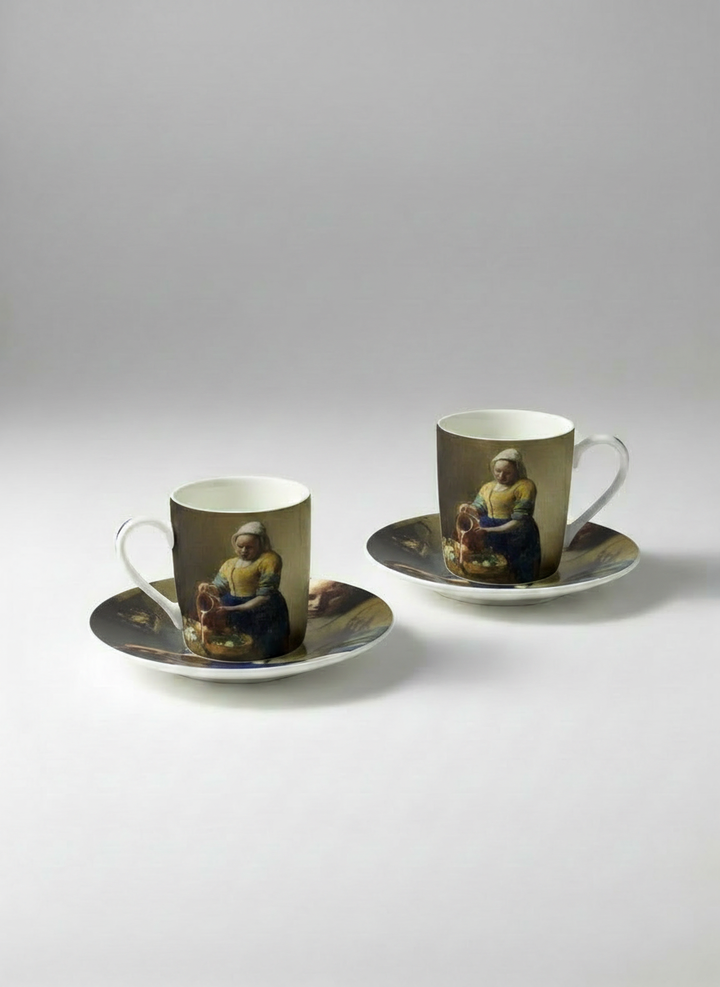 Two ceramic cups with saucers featuring artistic depictions on a gray background. The Milkmaid Johannes Vermeer
