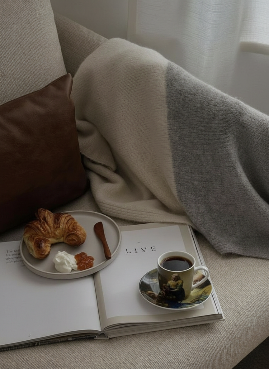 Café au lait with croissants on a plate, book, and blanket on a sofa. The MIikmaid Johannes Vermeer I ArtyGfts