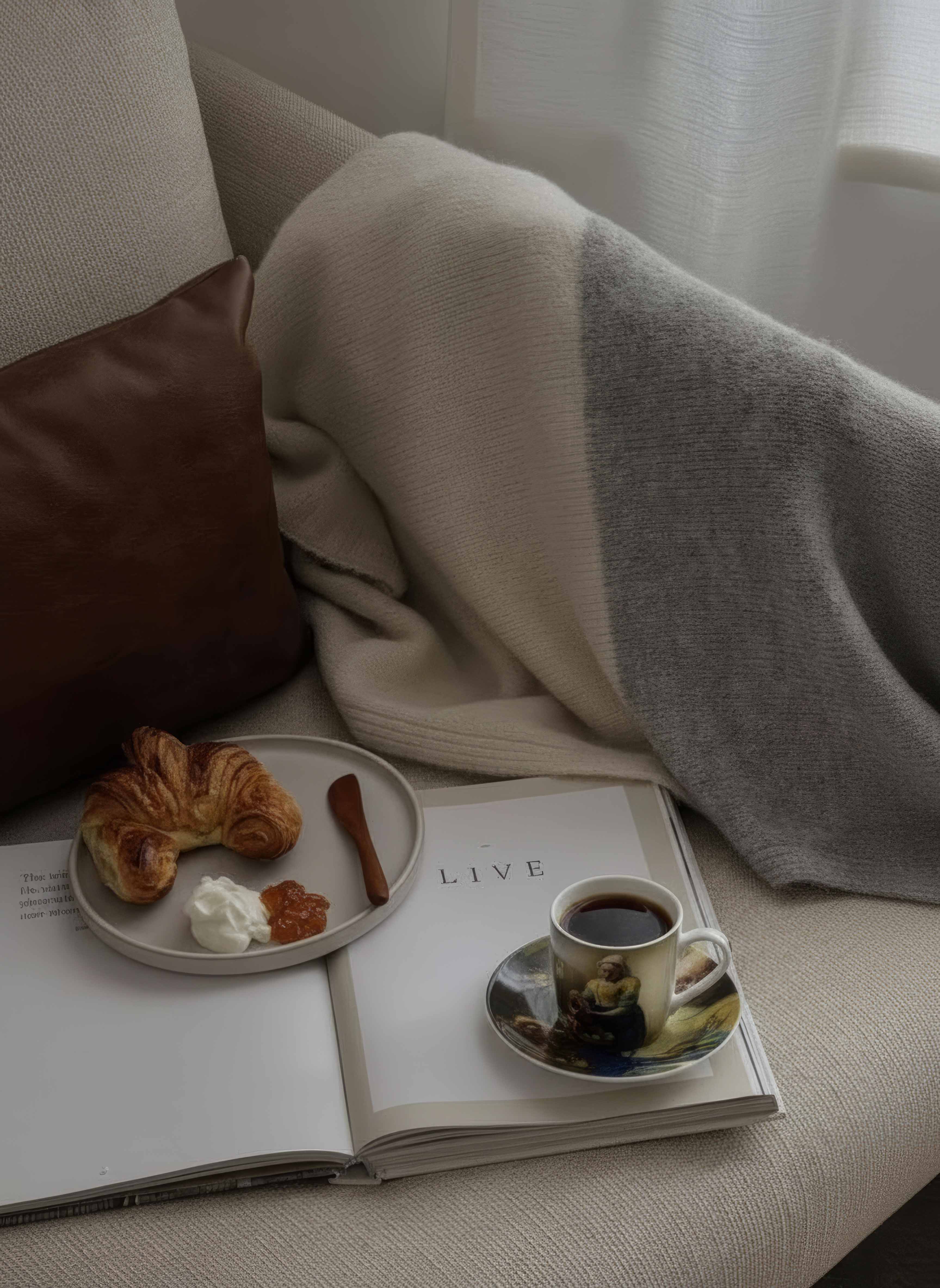 The Milkmaid espresso set by Johannes Vermeer styled with book and blanket on sofa — ArtyGifts
