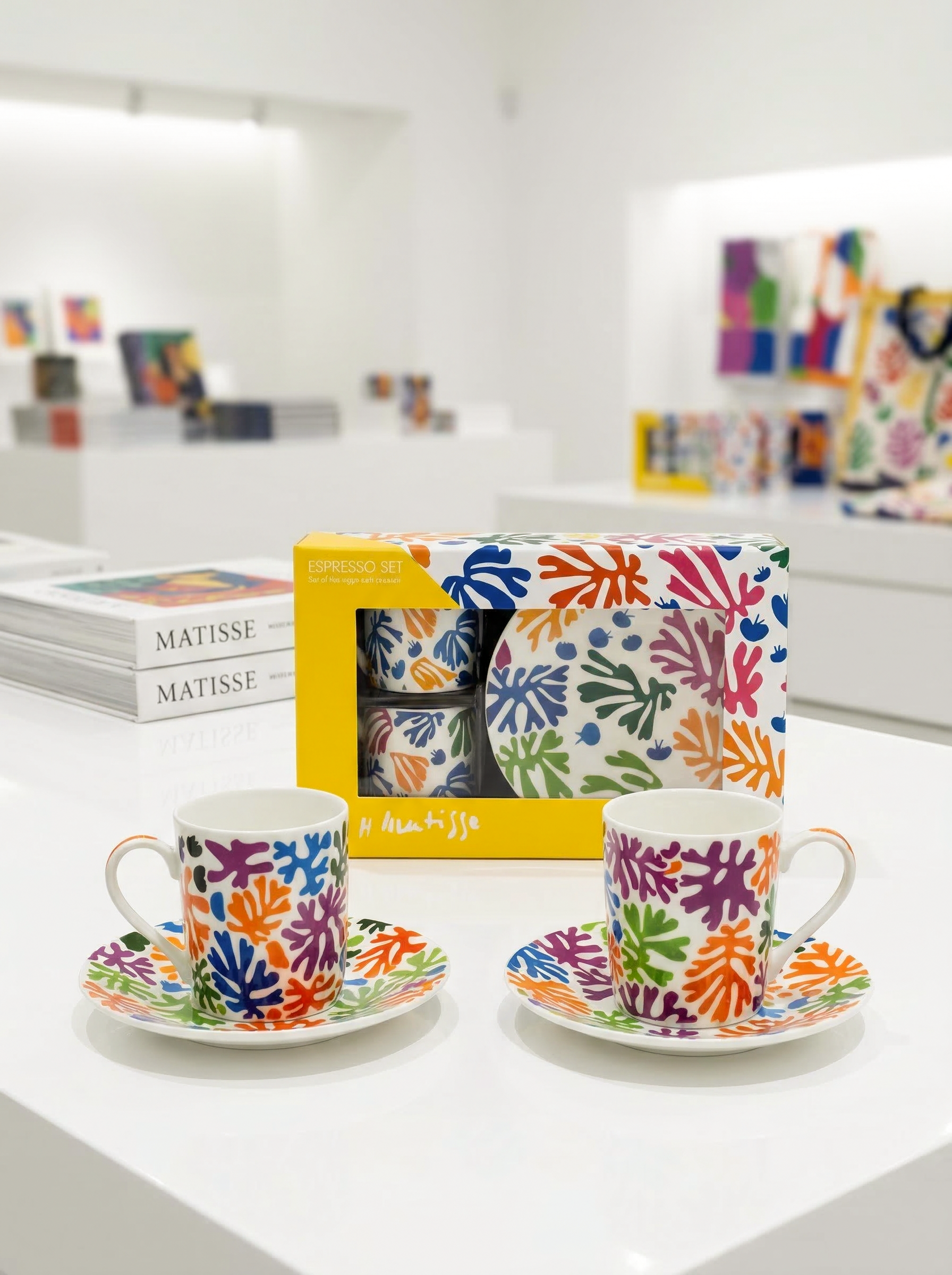Espresso set The Parakeet and the Mermaid Henri Matisse – cups, saucers and gift box on white background | ArtyGifts