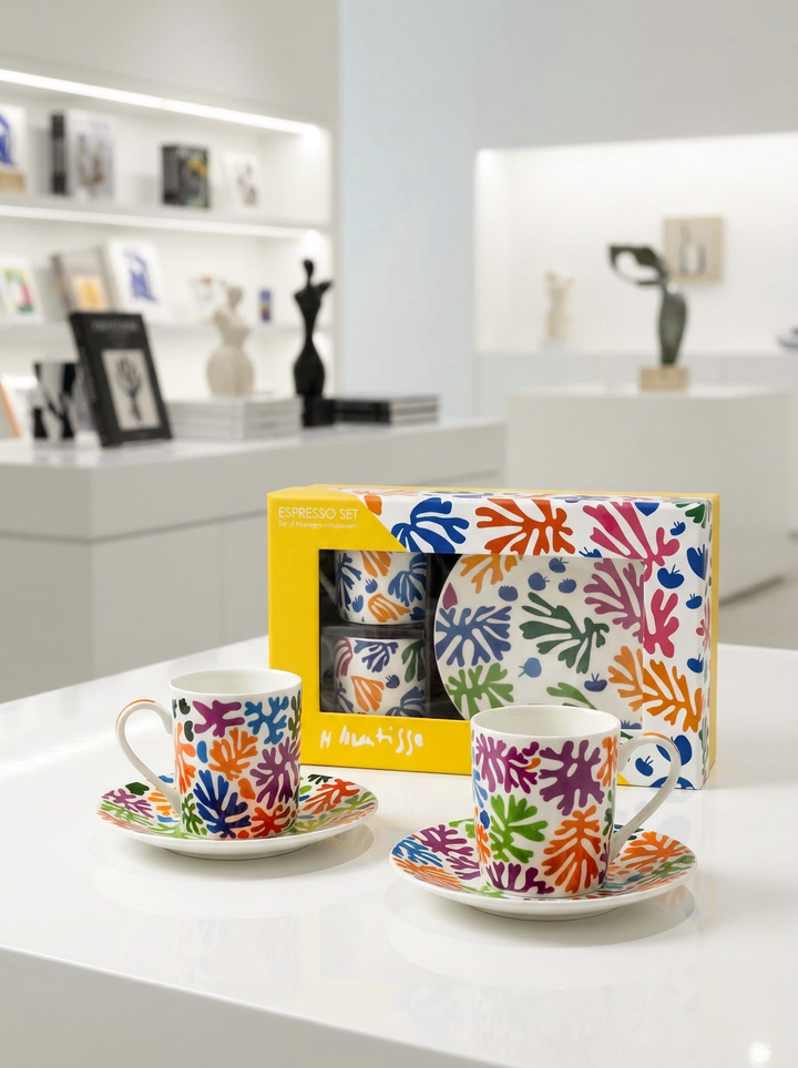 Colorful coffee cups and saucers with a floral pattern on a white surface, with a box of the product in the background. The Parakeet and the Mermaid by Henri Matisse