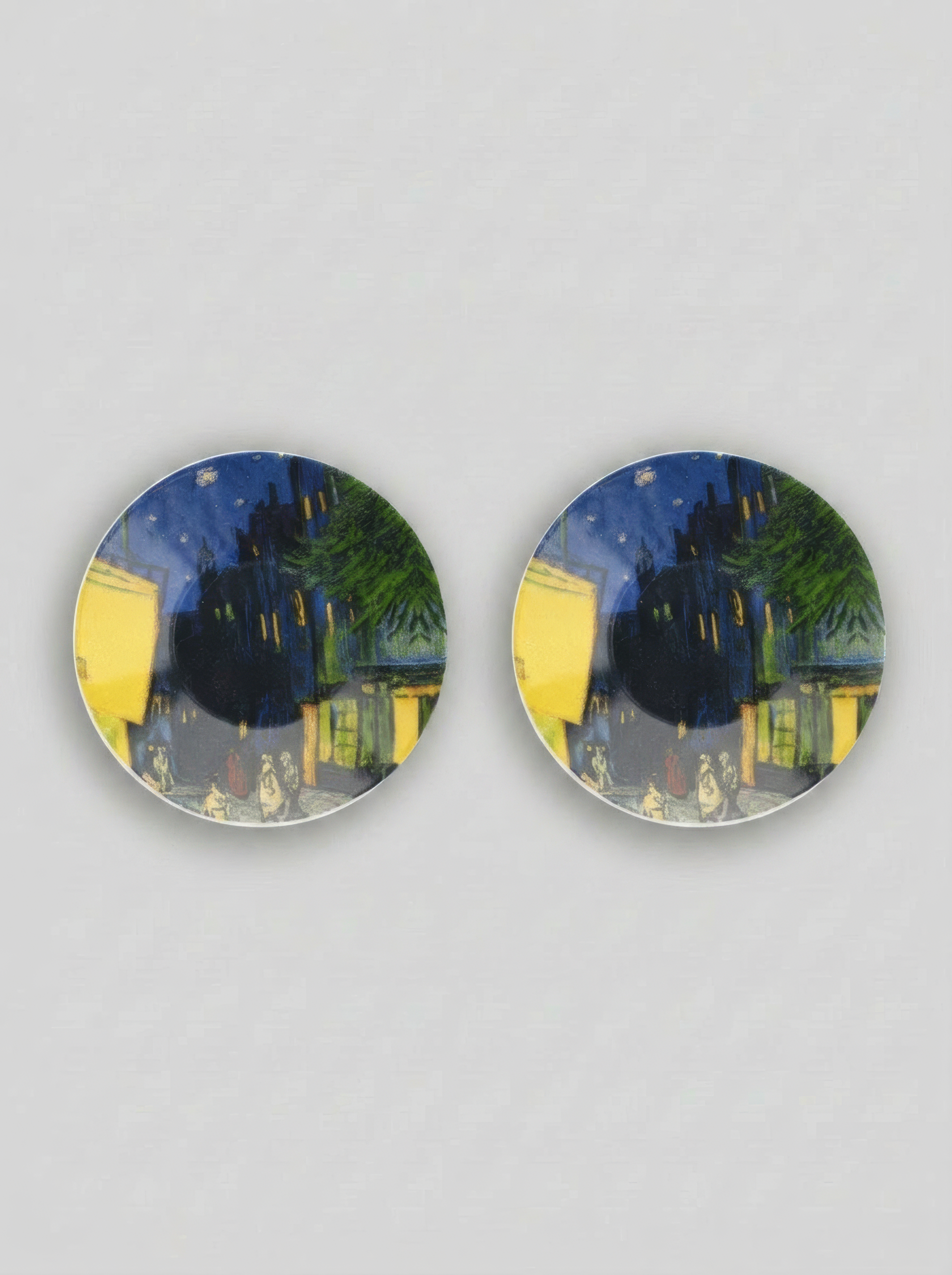 Two espresso saucers with Van Gogh Terrace at Café at Night print – ArtyGifts museum tableware
