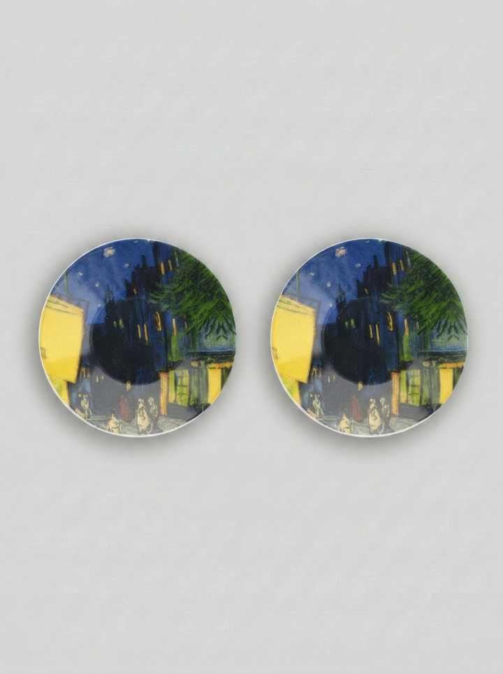 Two espresso saucers with Van Gogh Terrace at Café at Night print – ArtyGifts museum tableware
