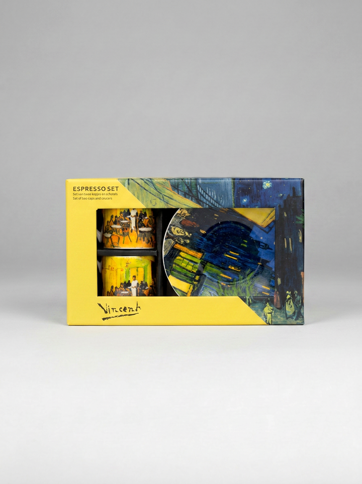 Van Gogh espresso set in eco-friendly gift box – Terrace at Café at Night, museum gift by ArtyGifts
