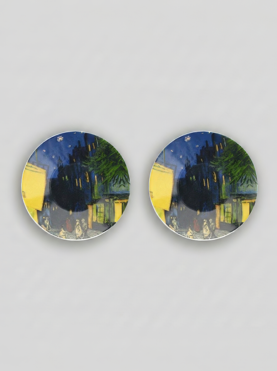 Two espresso saucers with Van Gogh Terrace at Café at Night print – ArtyGifts museum tableware
