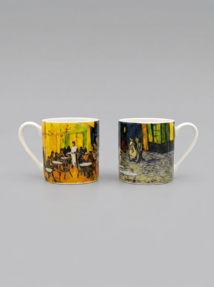 Two espresso cups with Van Gogh Terrace at Café at Night print – ArtyGifts museum tableware
