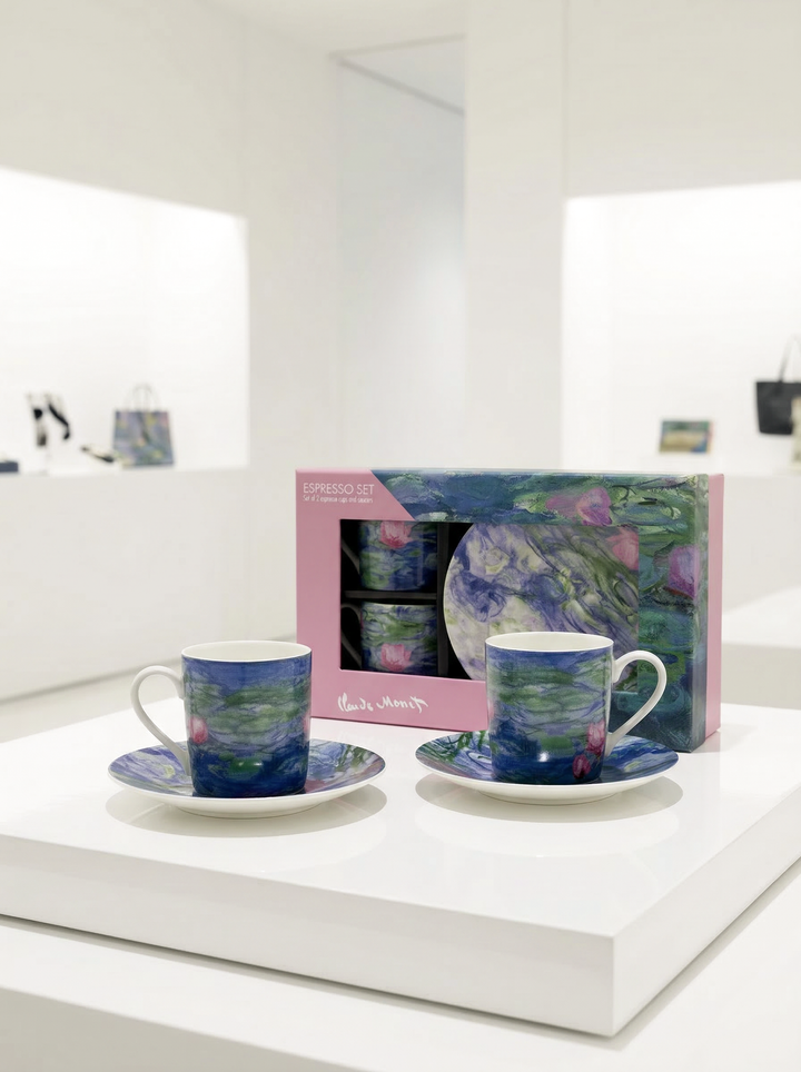 Espresso set Water Lilies Claude Monet – cups, saucers and gift box on white background | ArtyGifts