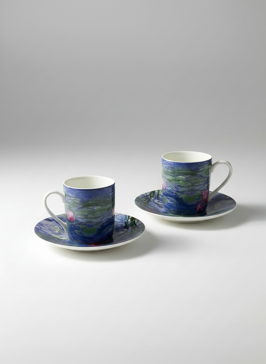 Two ceramic cups with saucers featuring artistic designs on a gray background, Water Lilies by Claude Monet