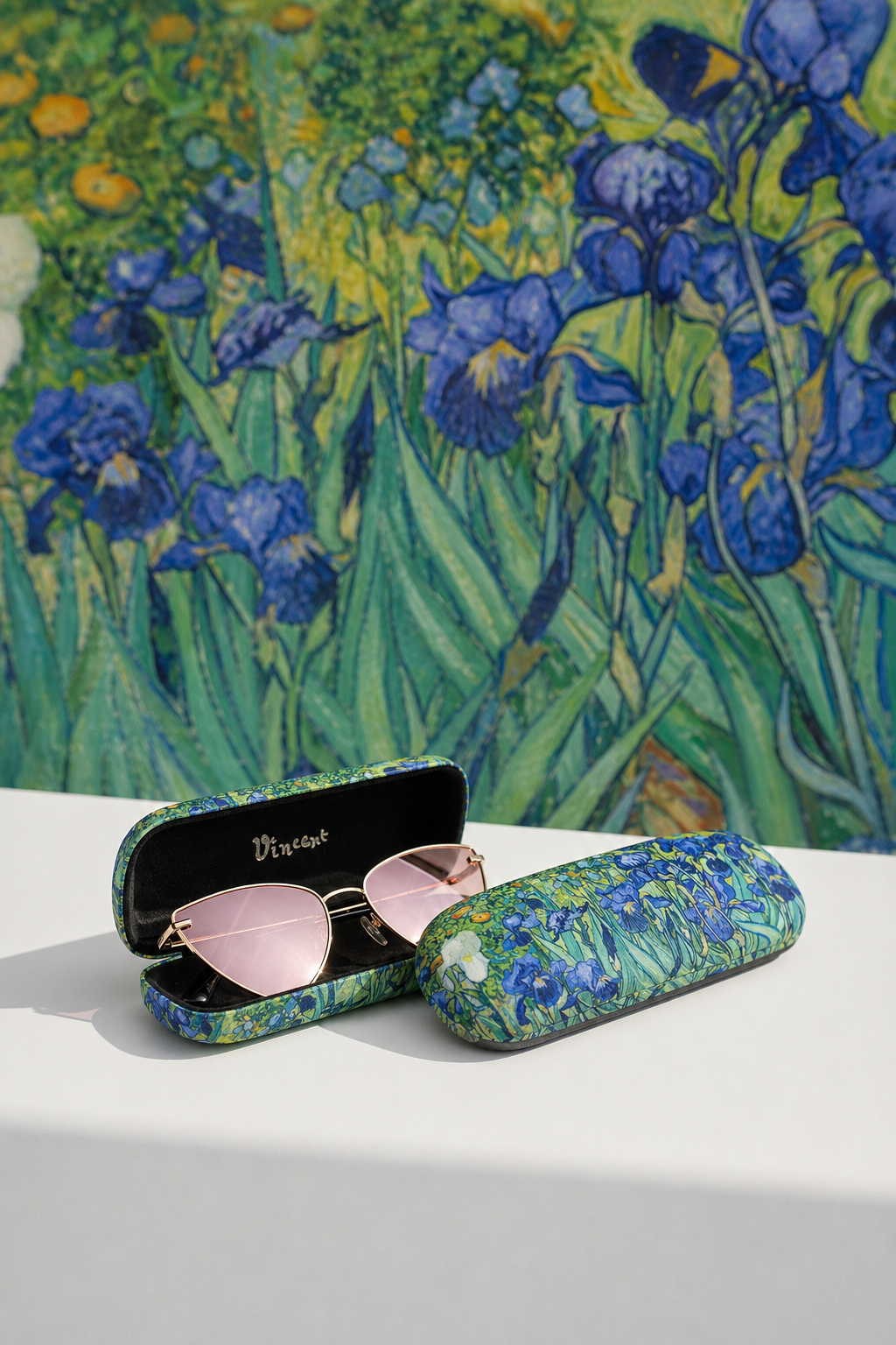 Art eyewear care gift set featuring Irises by Vincent van Gogh — spectacle case with velvet lining and microfiber lens cloth from ArtyGifts
