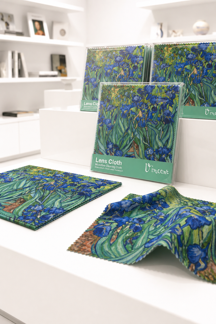 Art eyewear care gift set featuring Irises by Vincent van Gogh, displayed in ArtyGifts store
