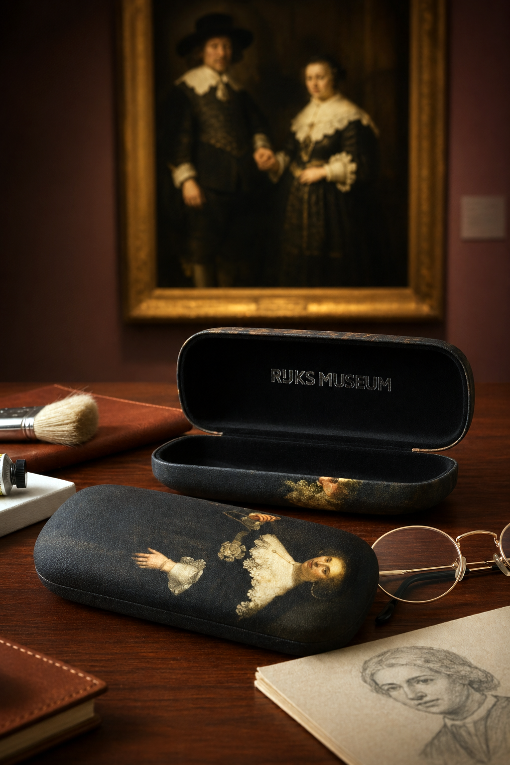 Art eyewear care gift set featuring Marten and Oopjen by Rembrandt van Rijn — spectacle case with velvet lining and microfiber lens cloths, displayed on a wooden surface
