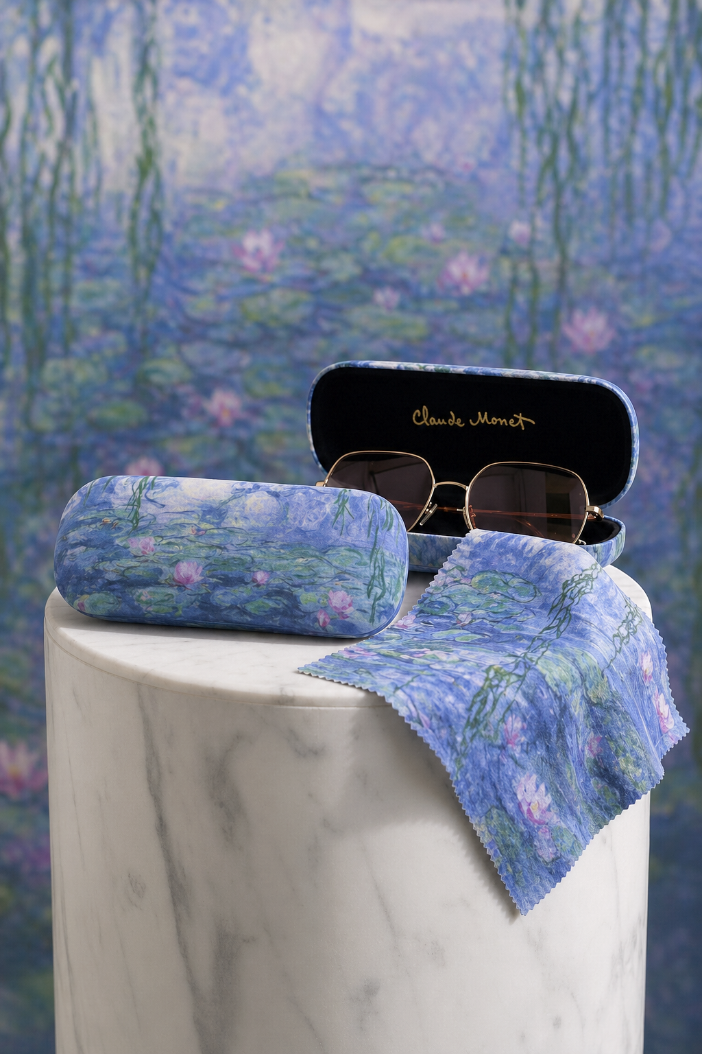 Art eyewear care gift set featuring Water Lilies by Claude Monet — spectacle case with velvet lining and microfiber lens cloth from ArtyGifts
