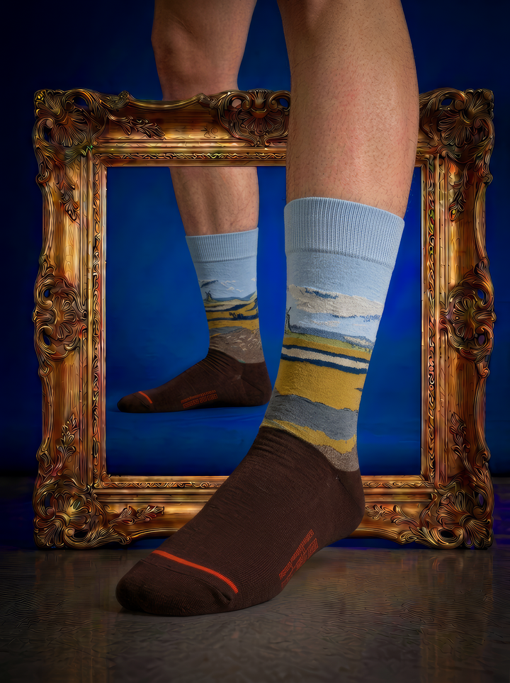 Fenced Field with Ploughman art socks by Vincent van Gogh displayed without shoes in front of an ornate gold frame against a blue background⠋

