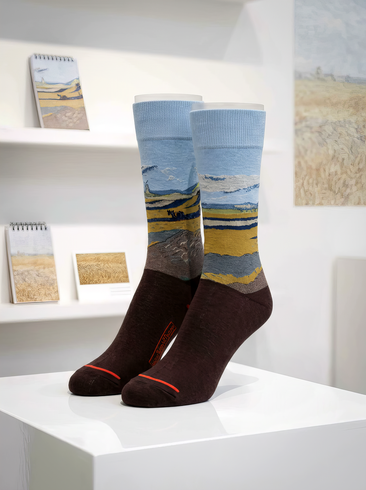 Fenced Field with Ploughman art socks by Vincent van Gogh displayed on a white pedestal