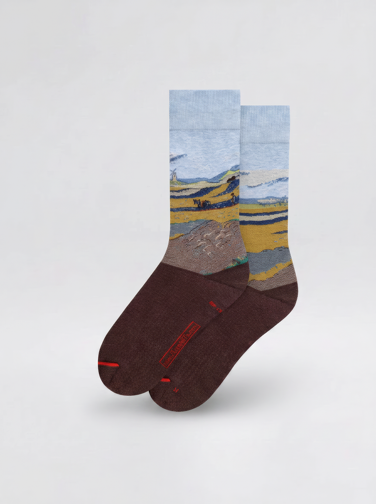 Pair of Fenced Field with Ploughman art socks by Vincent van Gogh shown on a white background