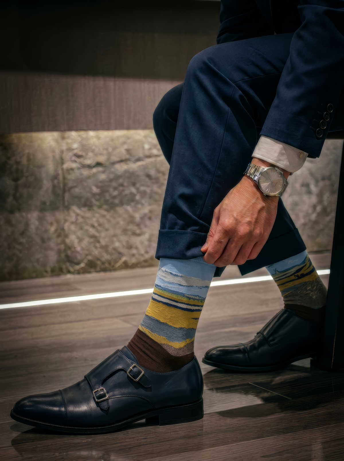 Fenced Field with Ploughman art socks by Vincent van Gogh worn with black leather double monk strap shoes and navy trousers