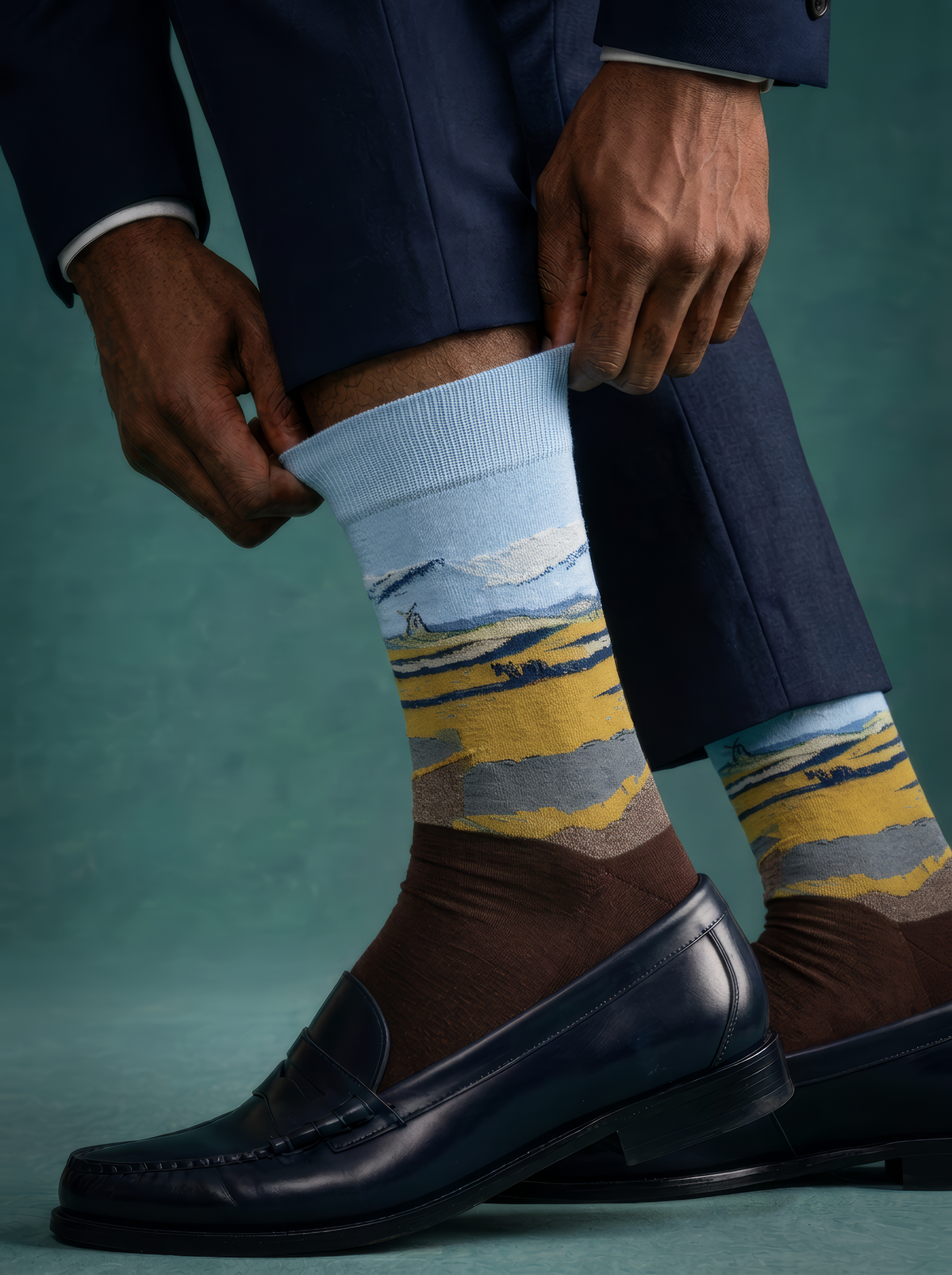 Fenced Field with Ploughman art socks by Vincent van Gogh worn with black leather loafers and a navy suit