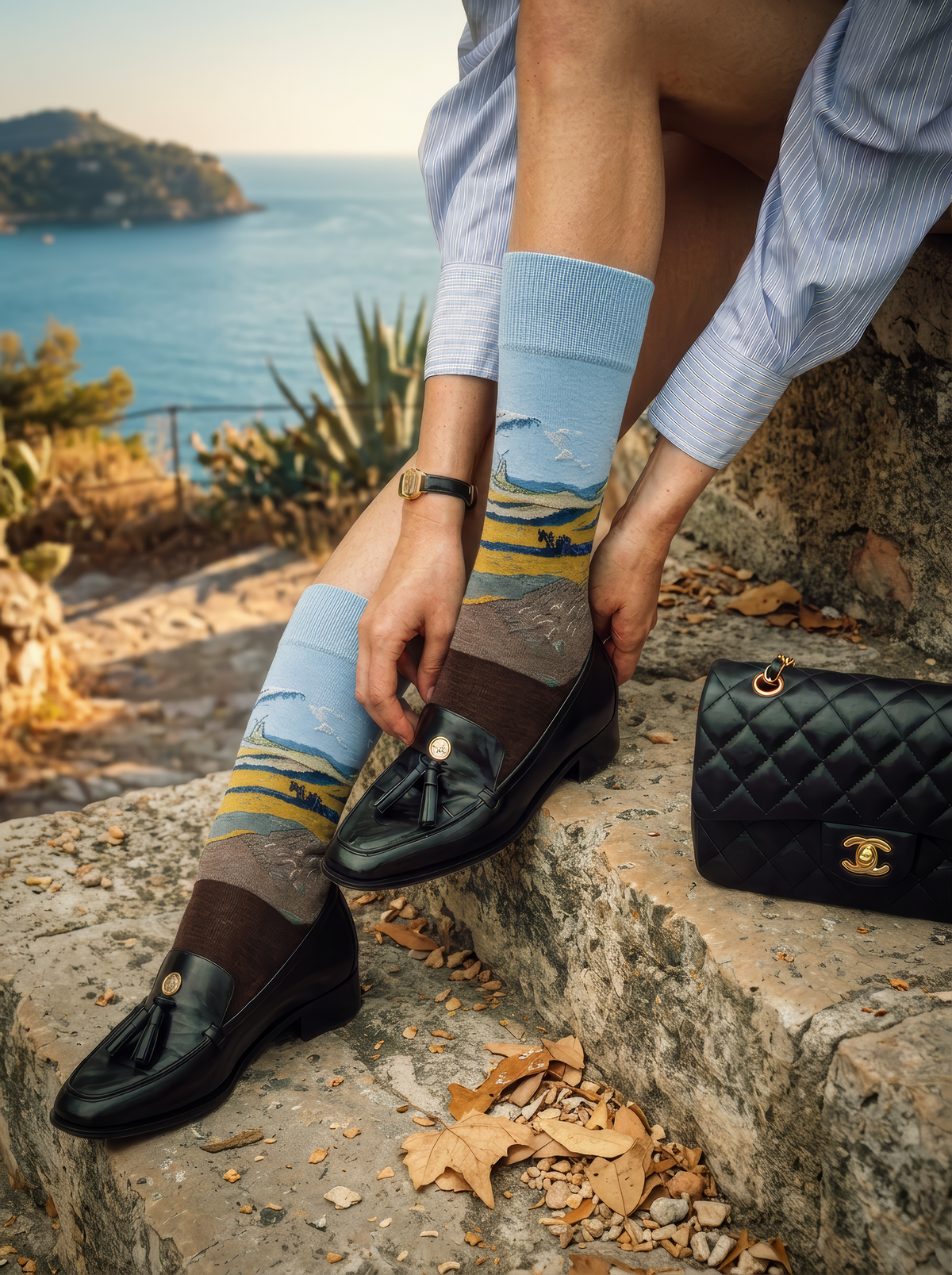 Fenced Field with Ploughman art socks worn with black leather loafers on stone steps