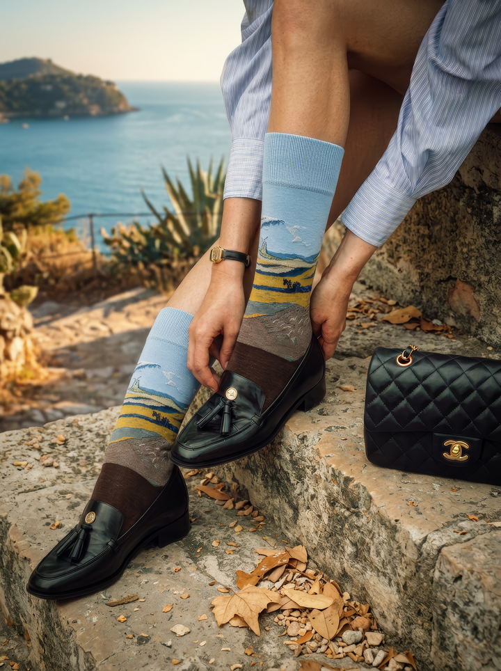 Fenced Field with Ploughman art socks worn with black leather loafers on stone steps
