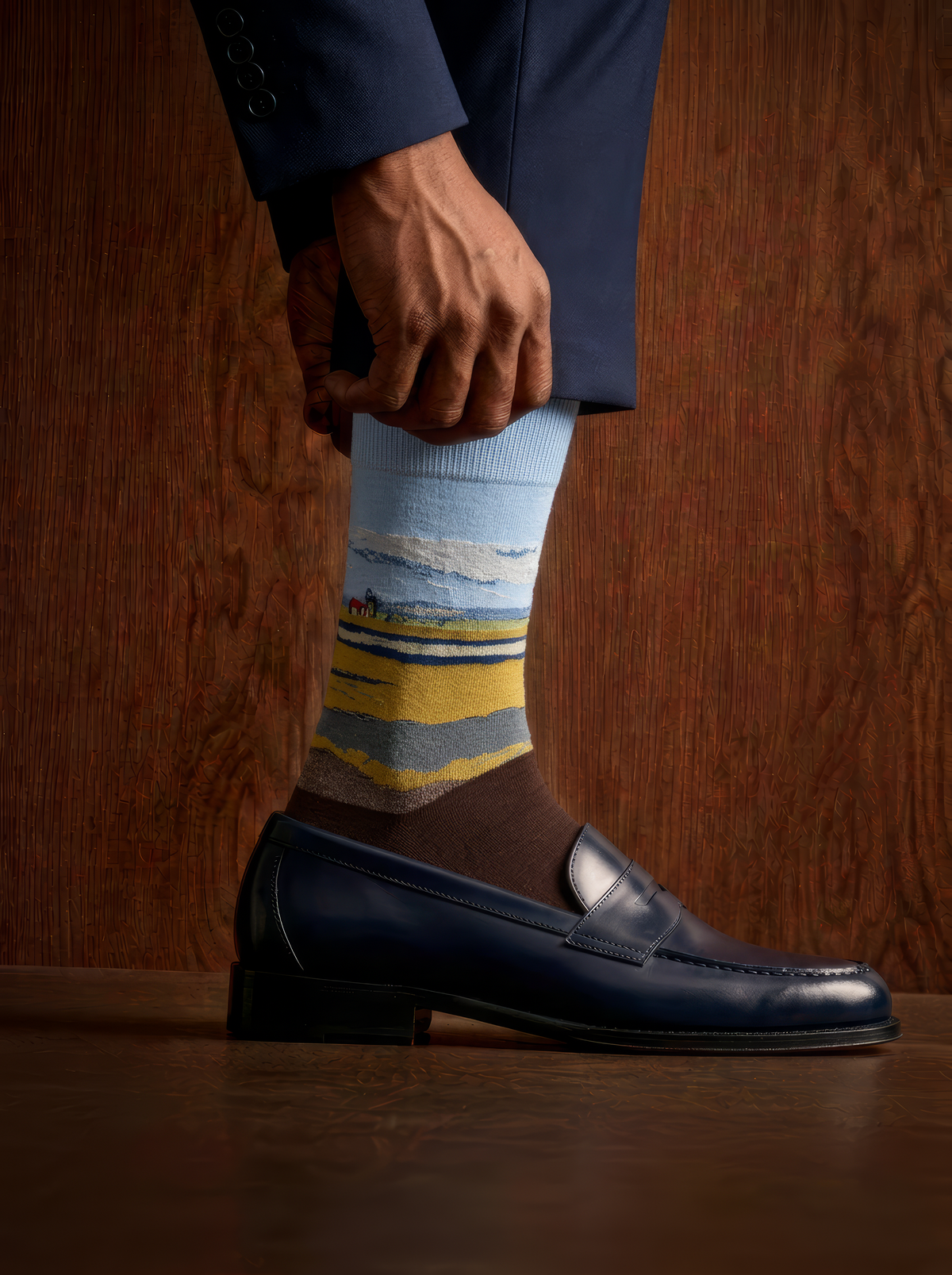 Fenced Field with Ploughman art socks by Vincent van Gogh worn with a black leather penny loafer and navy trousers⠋