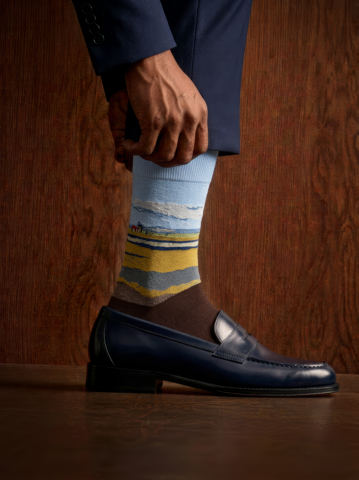 Fenced Field with Ploughman art socks by Vincent van Gogh worn with a black leather penny loafer and navy trousers⠋