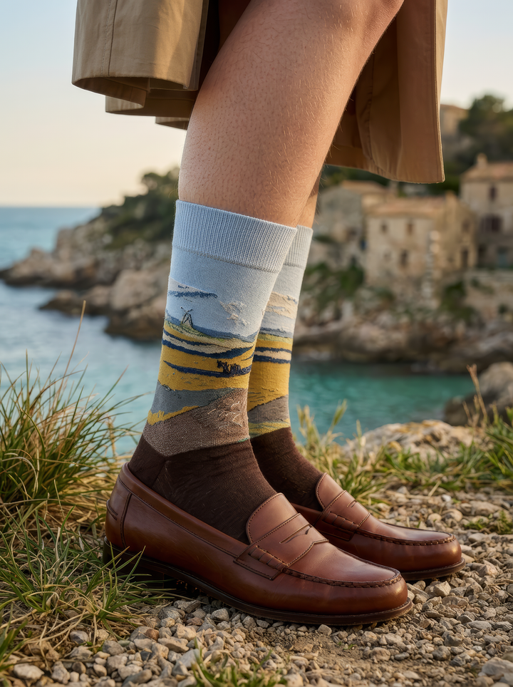 Fenced Field with Ploughman art socks worn with brown leather loafers beside a coastal landscape
