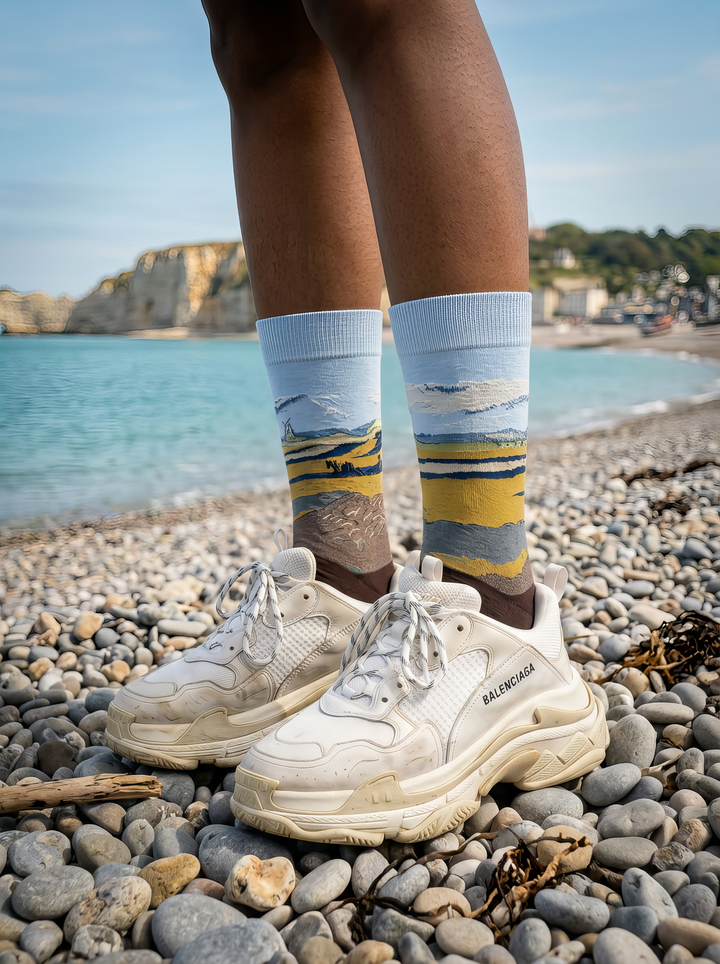 Fenced Field with Ploughman art socks worn with white sneakers on a rocky beach