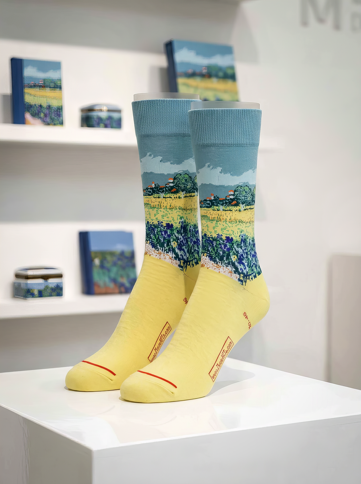 Field with Irises at Arles art socks by Vincent van Gogh displayed on a white pedestal