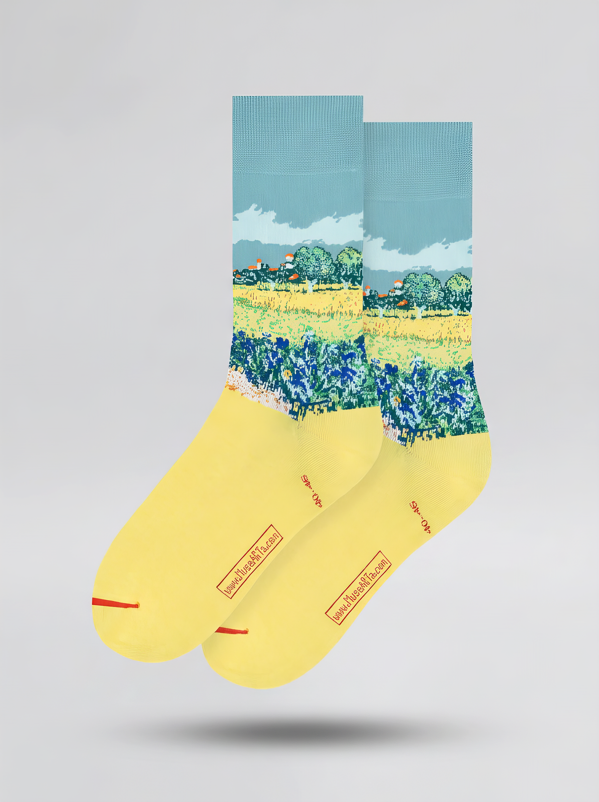 Pair of Field with Irises at Arles art socks by Vincent van Gogh shown on a white background