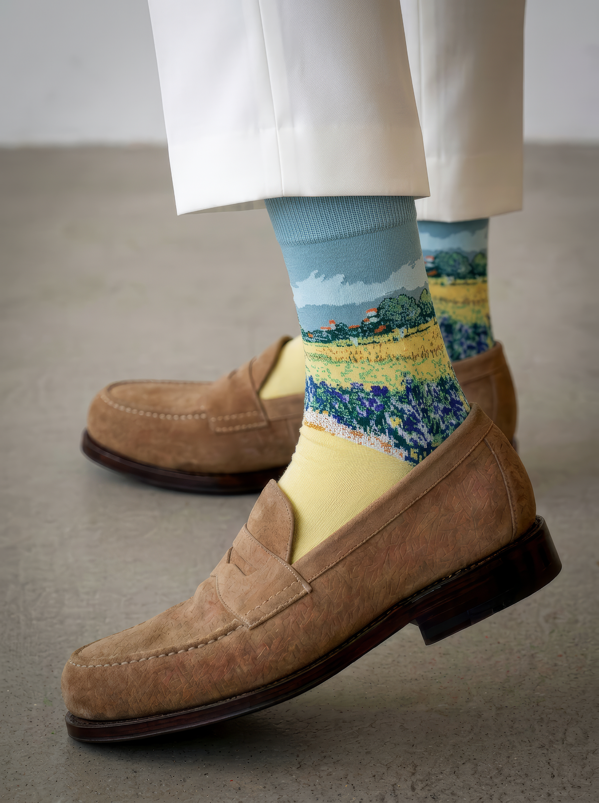 Field with Irises at Arles art socks worn with beige loafers and white trousers