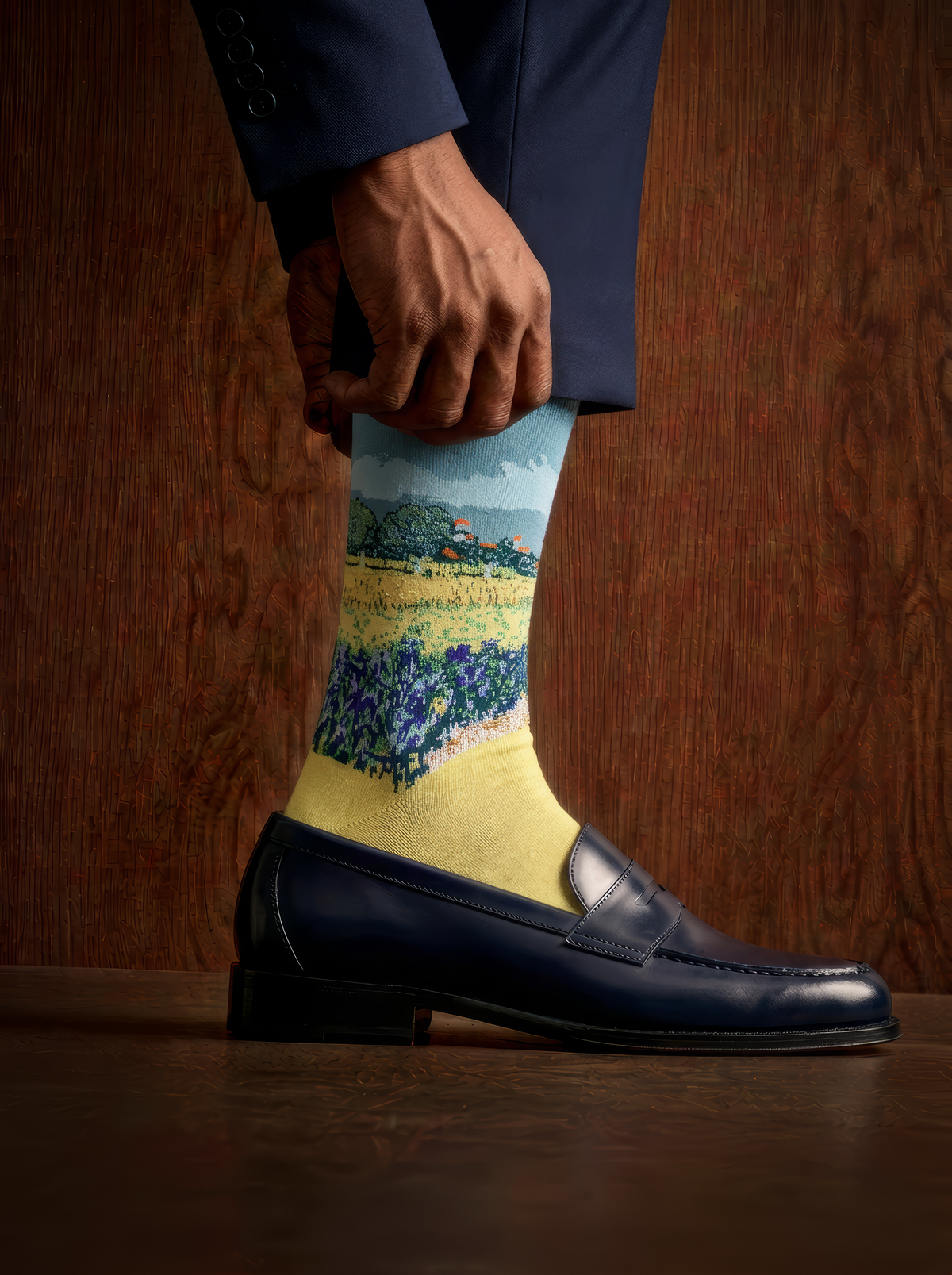 Field with Irises at Arles art socks worn with a black leather loafer against a wooden background