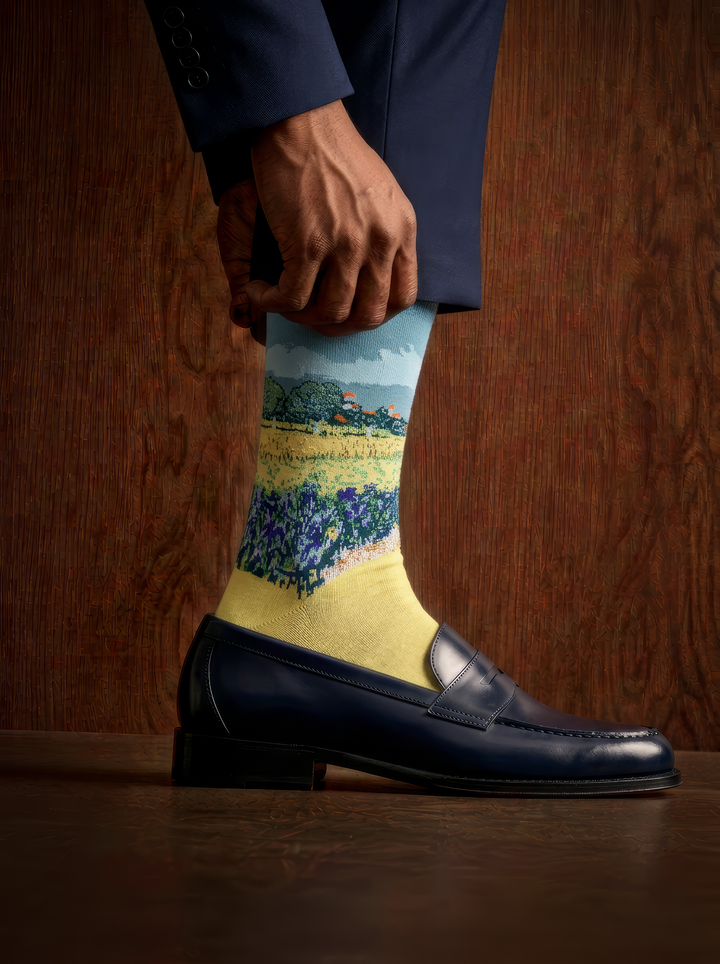 Field with Irises at Arles art socks worn with a black leather loafer against a wooden background