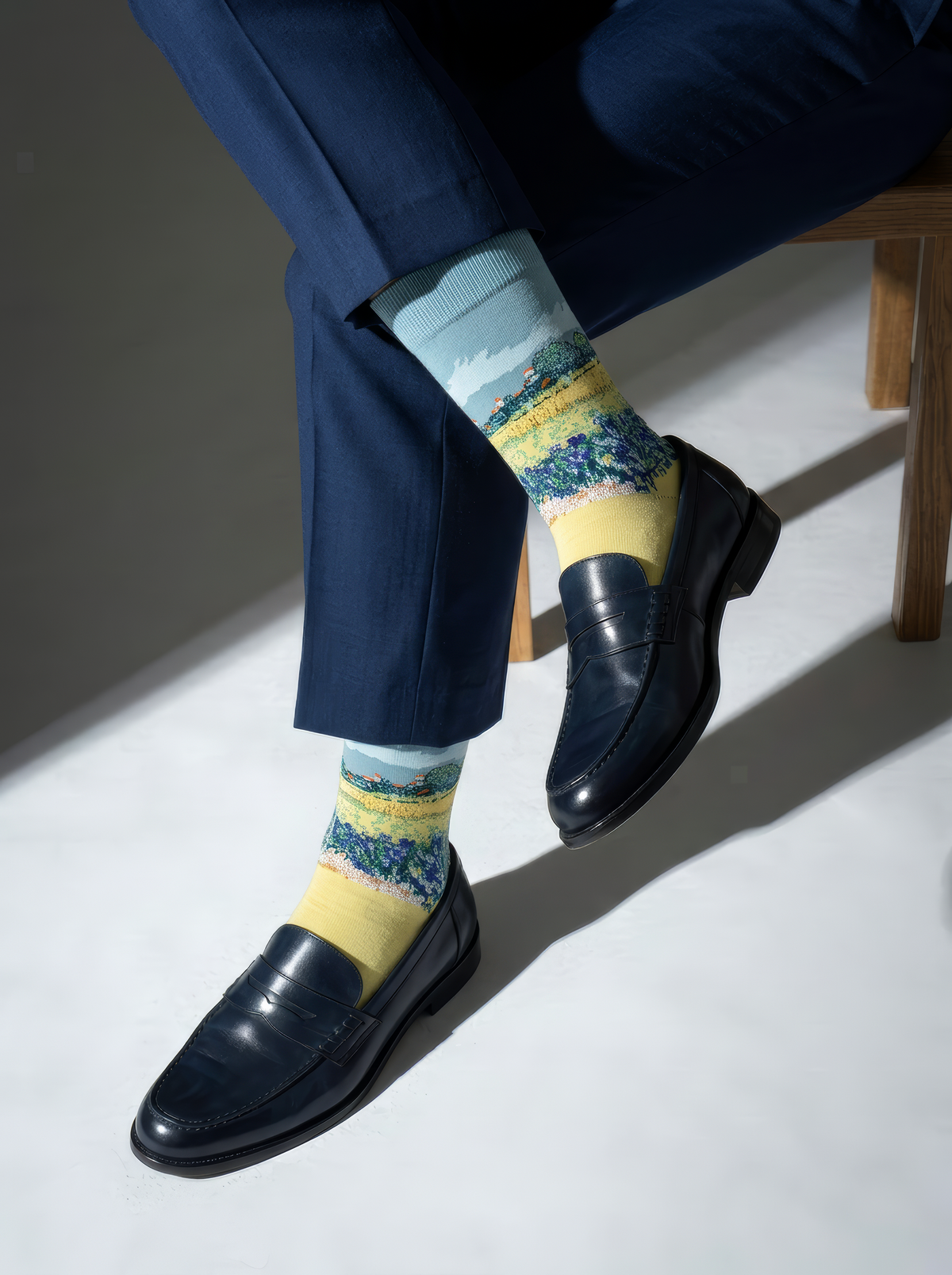 Field with Irises at Arles art socks worn with black leather shoes and dark trousers