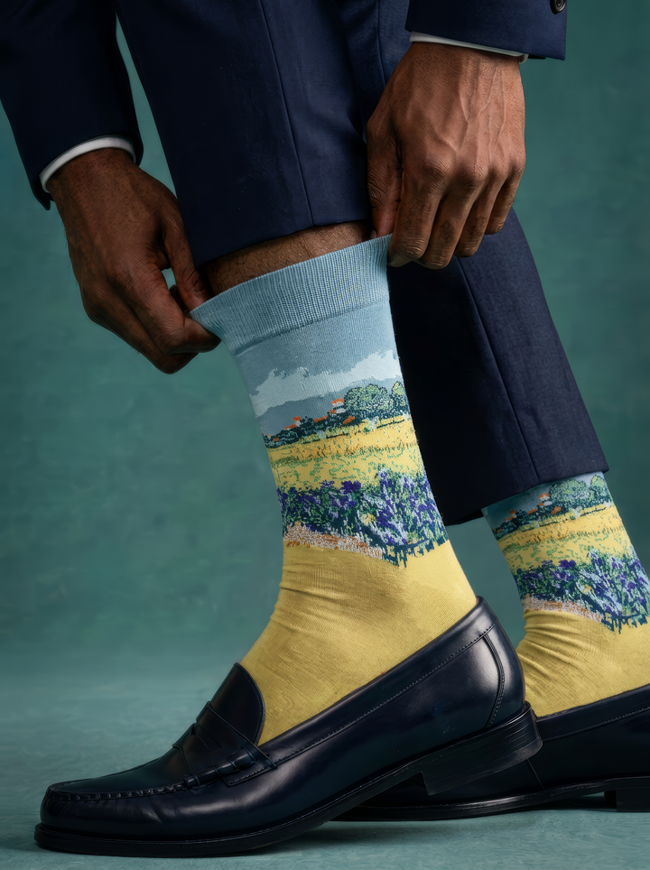 Field with Irises at Arles art socks worn with black loafers and navy trousers