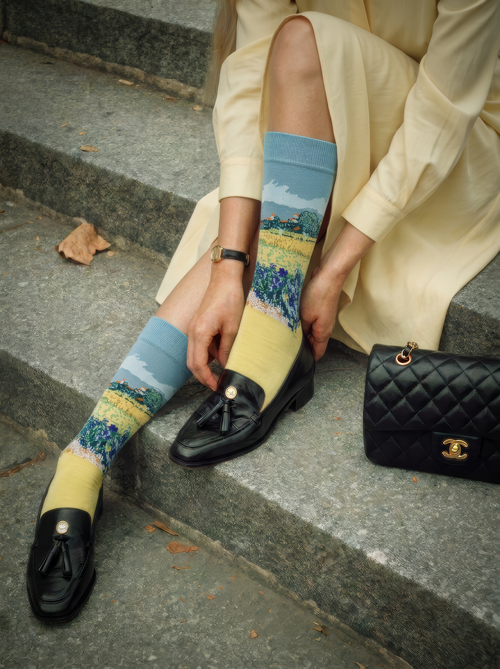 Field with Irises at Arles art socks worn with black shoes and a light-coloured outfit