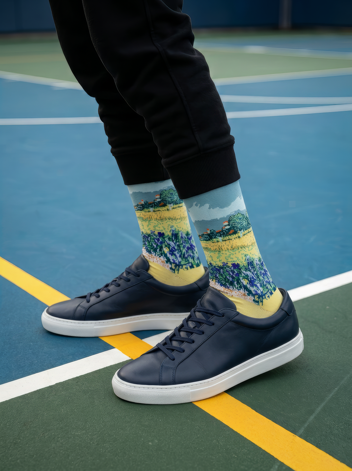 Field with Irises at Arles art socks worn with dark blue sneakers on a blue and yellow surface