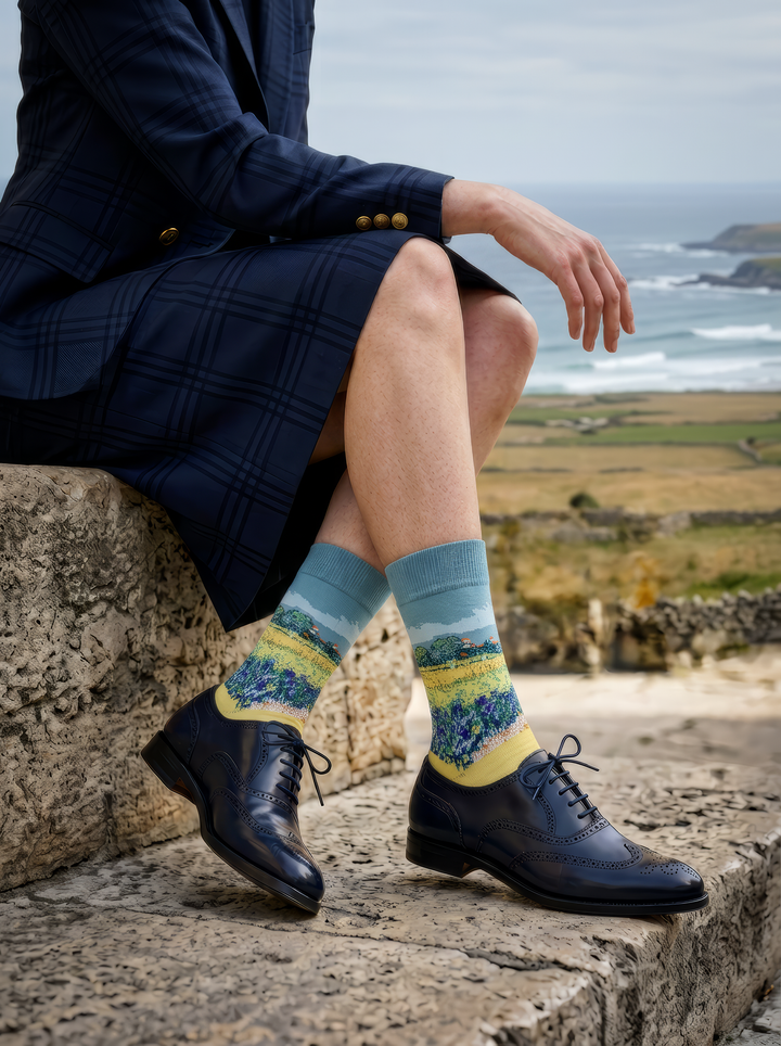 Field with Irises at Arles art socks worn with dark shoes in an outdoor lifestyle setting
