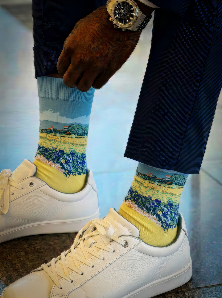 Field with Irises at Arles art socks worn with white sneakers in a close-up lifestyle photo