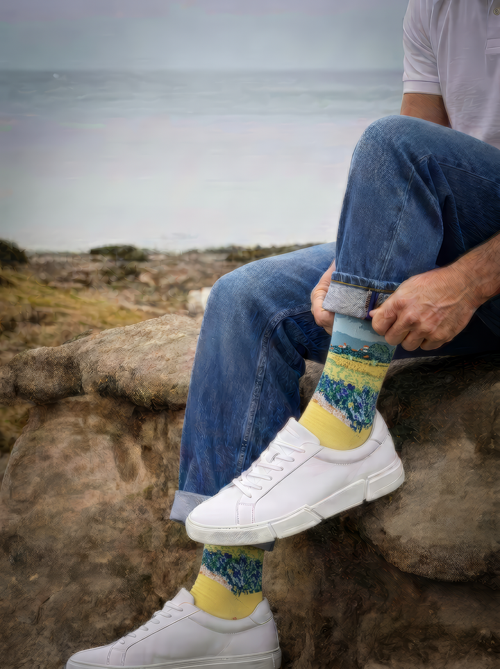 Field with Irises at Arles art socks worn with white sneakers beside a coastal landscape