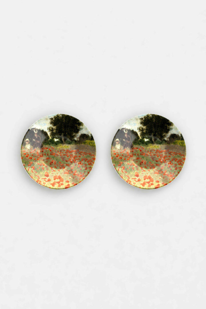 Top view of porcelain saucers featuring Field with Poppies by Claude Monet — ArtyGifts museum tableware
