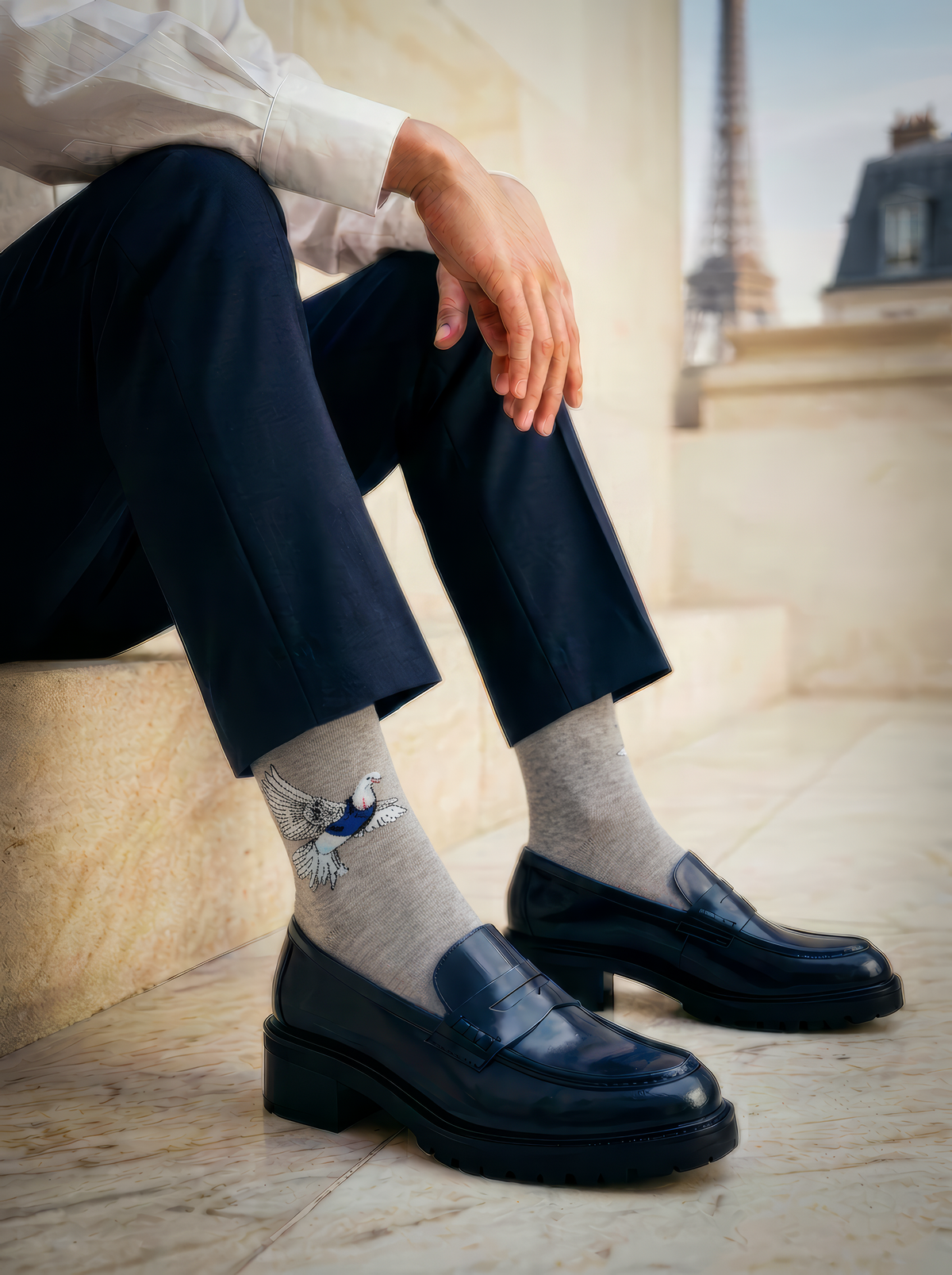 A seated person wears grey Banksy-inspired Peace Dove art socks with cropped black trousers and chunky black shoes in a light interior.
