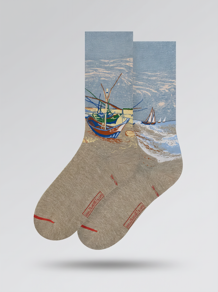 Pair of Fishing Boats on the Beach art socks by Vincent van Gogh on a white background