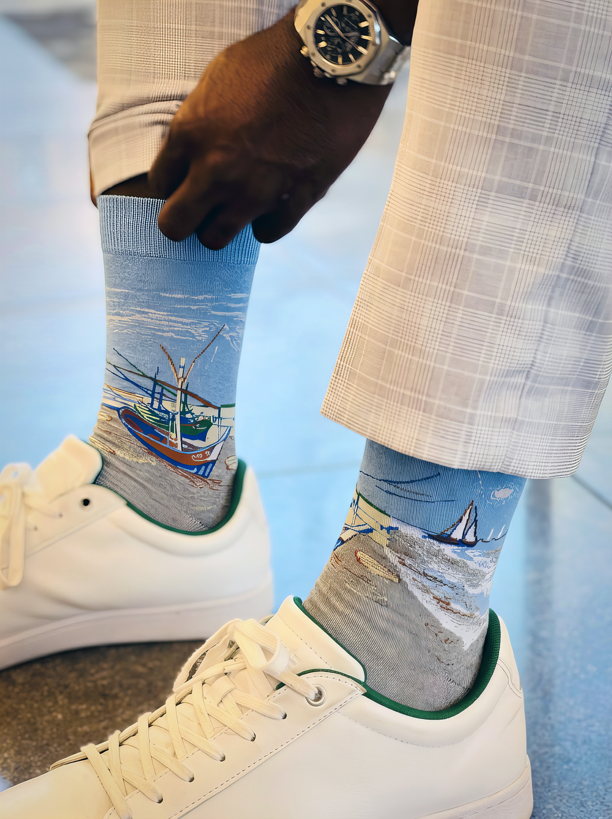 Beige Fishing Boats on the Beach art socks worn with white sneakers and light trousers